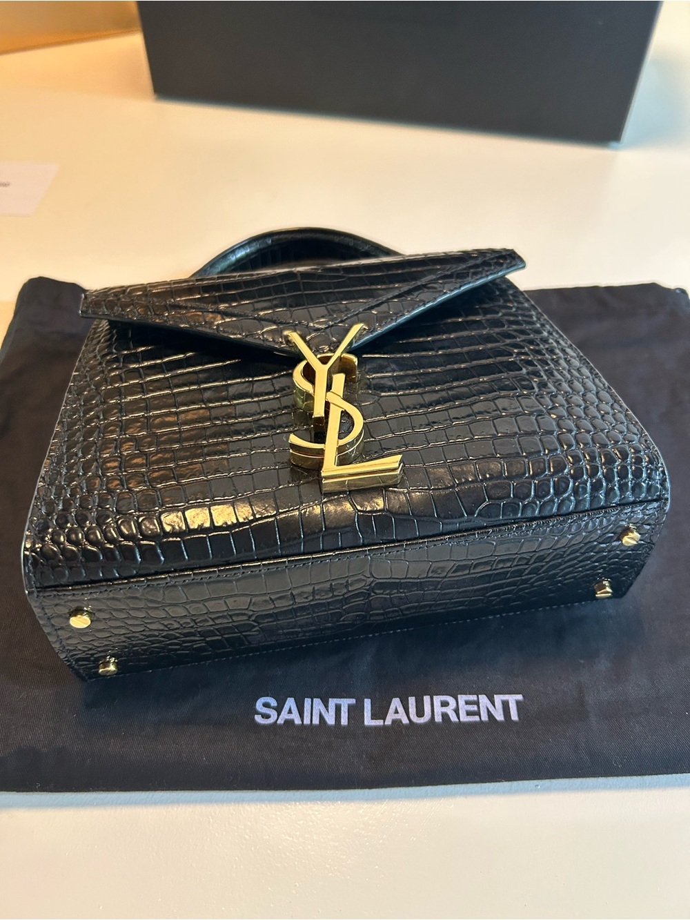 Saint Laurent Black Croc-Embossed Top Handle Satchel Mini Cassandra Purse - Picture 4 of 14